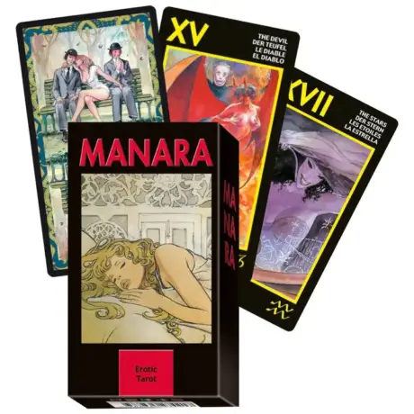 trzy karty i opakowanie talii tarota Milo Manara